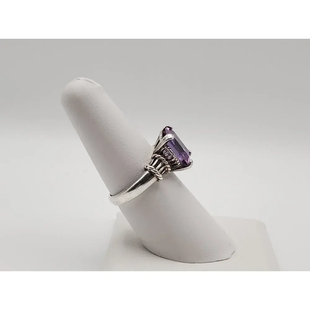 925 Sterling Silver Vintage Emerald-Cut Purple CZ Ring Size 8